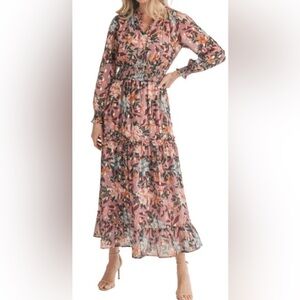 Nordstrom Multicolor Floral Long Sleeve Maxi Dress with gold accents